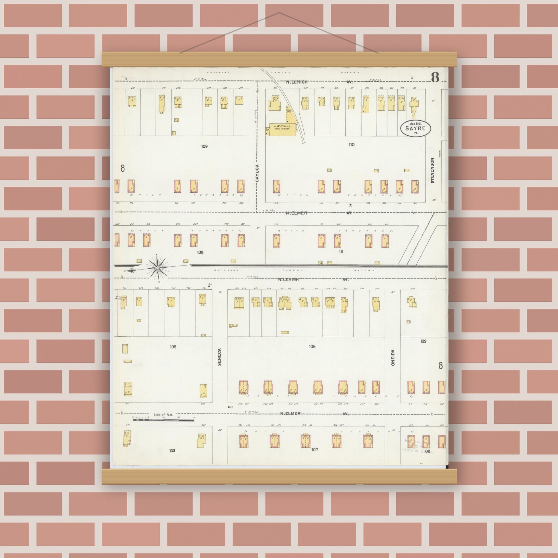 Old map wall art mockup — magnetic wood frame on brick wall — Sanborn Fire Insurance Map from Sayre, Bradford County, Pennsylvania (1903), Sheet #0008
