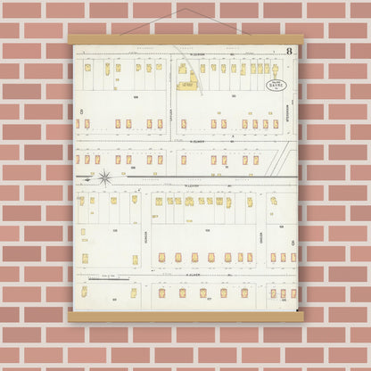 Old map wall art mockup — magnetic wood frame on brick wall — Sanborn Fire Insurance Map from Sayre, Bradford County, Pennsylvania (1903), Sheet #0008