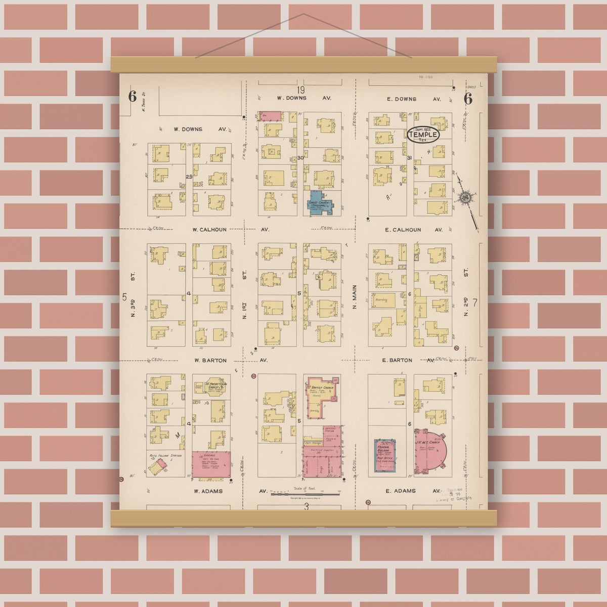Old map wall art mockup — magnetic wood frame on brick wall — Sanborn Fire Insurance Map from Temple, Bell County, Texas (1922), Sheet #0006