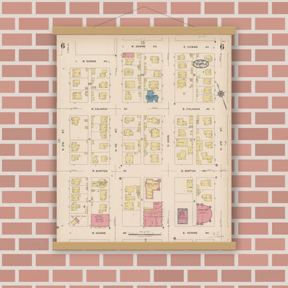 Old map wall art mockup — magnetic wood frame on brick wall — Sanborn Fire Insurance Map from Temple, Bell County, Texas (1922), Sheet #0006