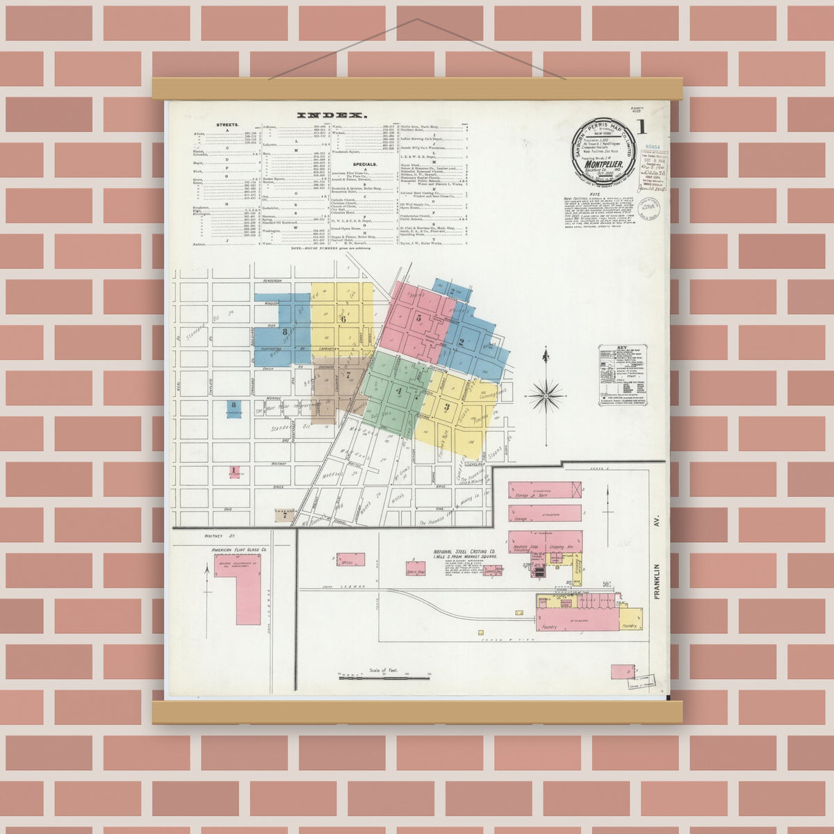 Old map wall art mockup — magnetic wood frame on brick wall — Sanborn Fire Insurance Map from Montpelier, Blackford County, Indiana (1900) - Complete Map Set