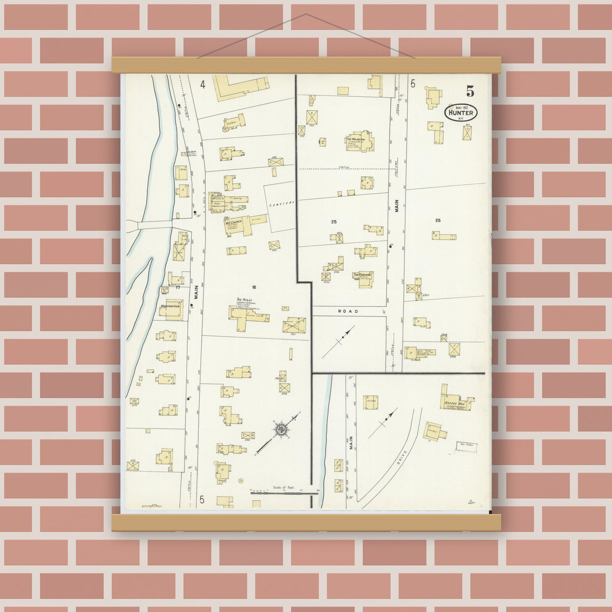 Old map wall art mockup — magnetic wood frame on brick wall — Sanborn Fire Insurance Map from Hunter, Greene County, New York (1912), Sheet #0005