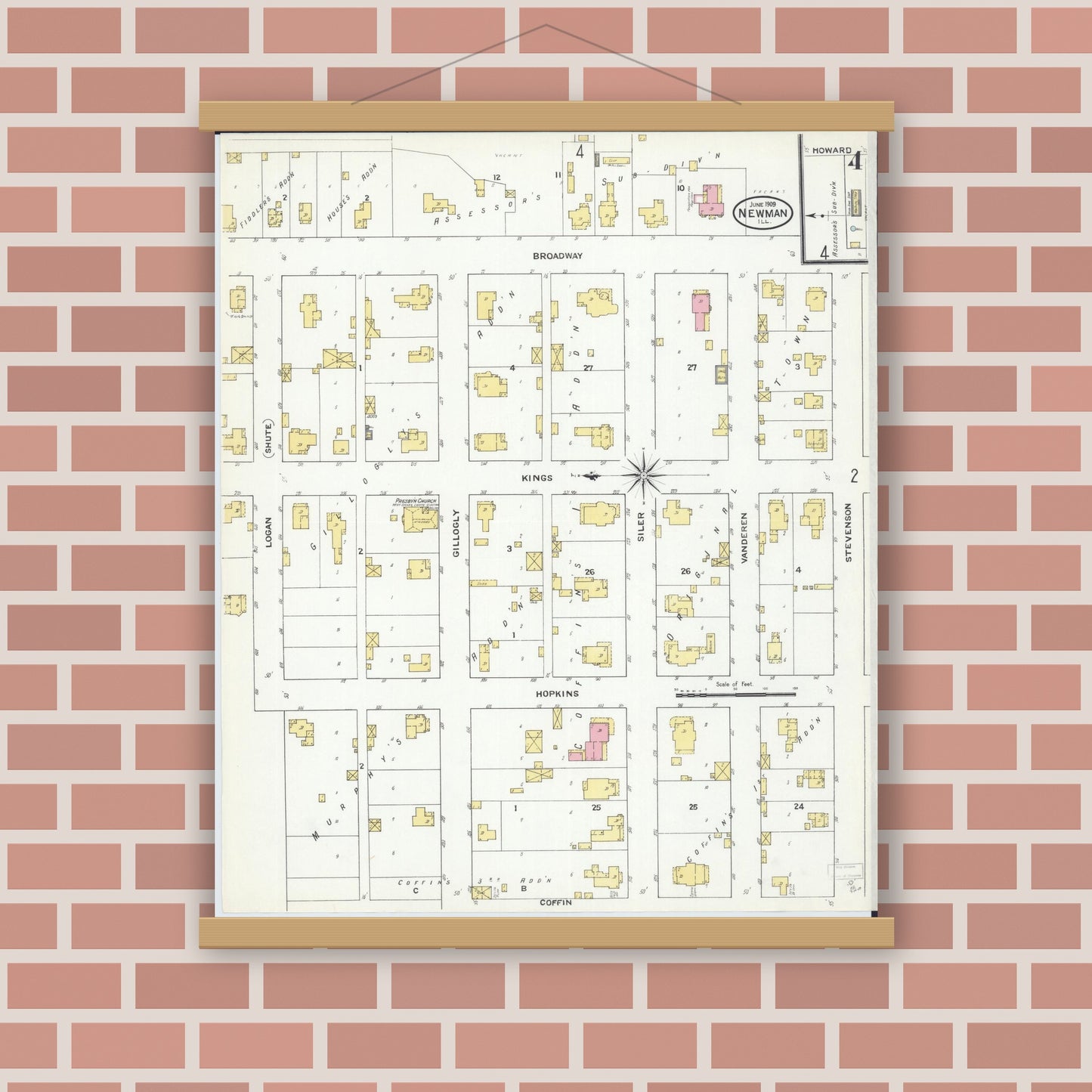 Old map wall art mockup — magnetic wood frame on brick wall — Sanborn Fire Insurance Map from Newman, Douglas County, Illinois (1909), Sheet #0004