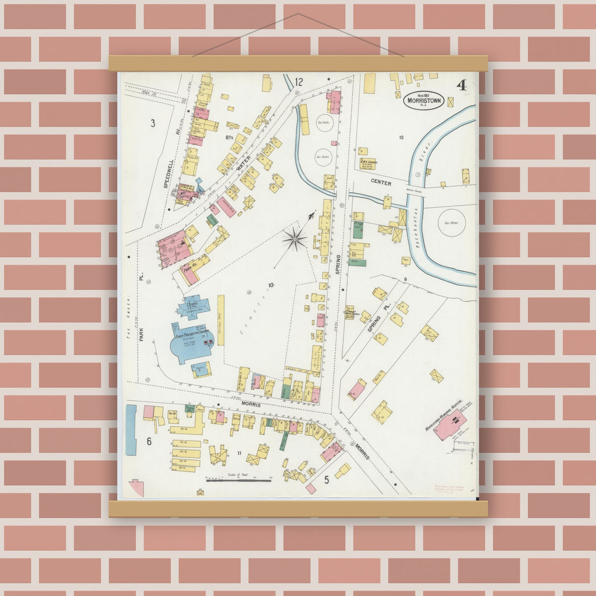 Old map wall art mockup — magnetic wood frame on brick wall — Sanborn Fire Insurance Map from Morristown, Morris County, New Jersey (1901), Sheet #0004