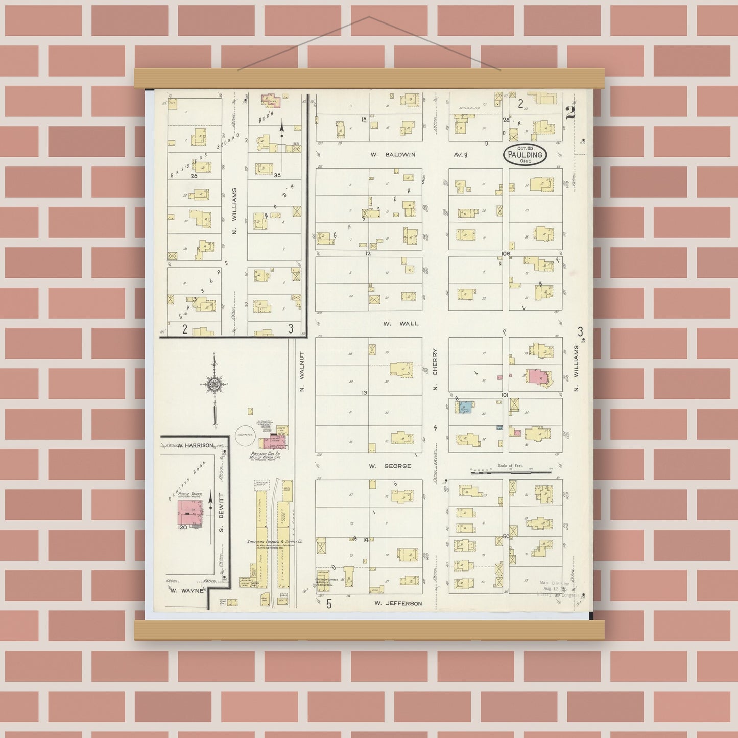 Old map wall art mockup — magnetic wood frame on brick wall — Sanborn Fire Insurance Map from Paulding, Paulding County, Ohio (1913), Sheet #0002