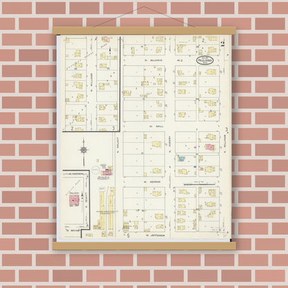 Old map wall art mockup — magnetic wood frame on brick wall — Sanborn Fire Insurance Map from Paulding, Paulding County, Ohio (1913), Sheet #0002