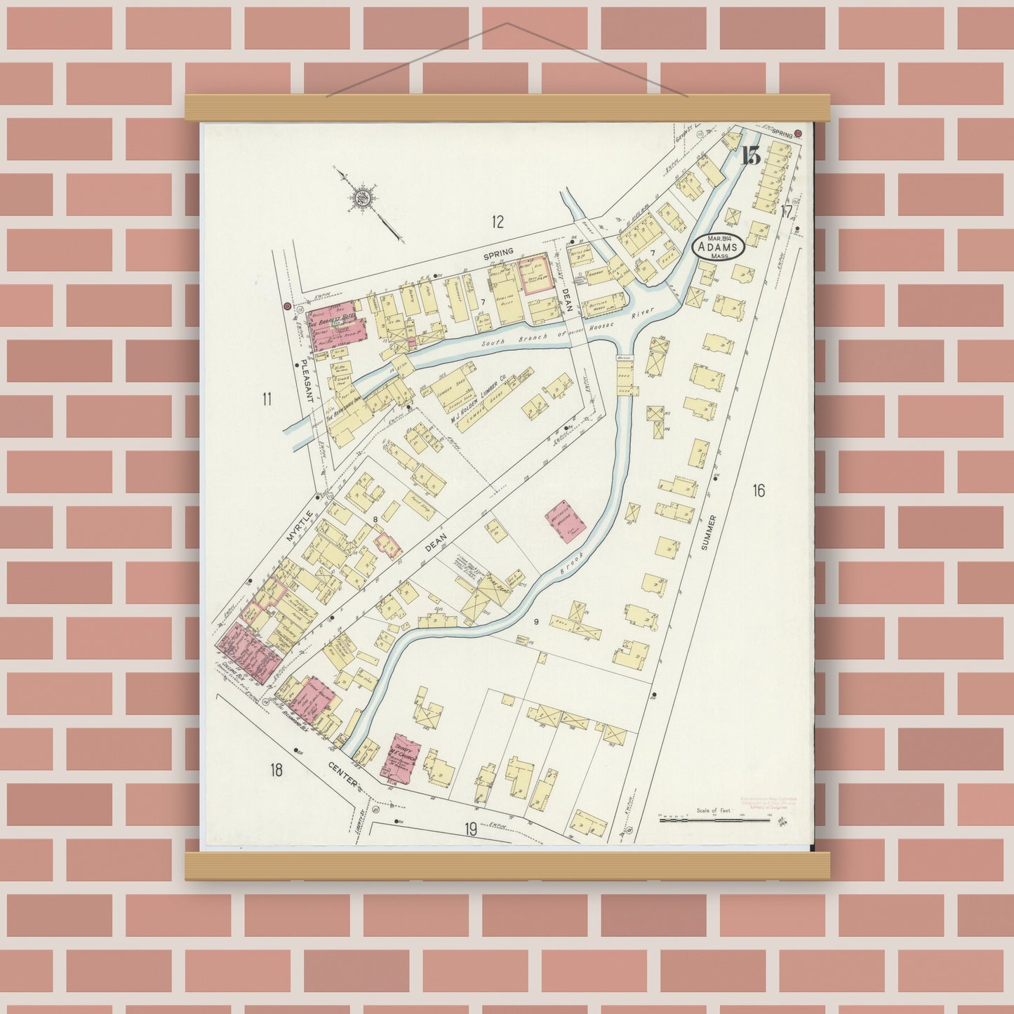 Old map wall art mockup — magnetic wood frame on brick wall — Sanborn Fire Insurance Map from Adams, Berkshire County, Massachusetts (1914), Sheet #0015