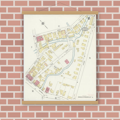 Old map wall art mockup — magnetic wood frame on brick wall — Sanborn Fire Insurance Map from Adams, Berkshire County, Massachusetts (1914), Sheet #0015