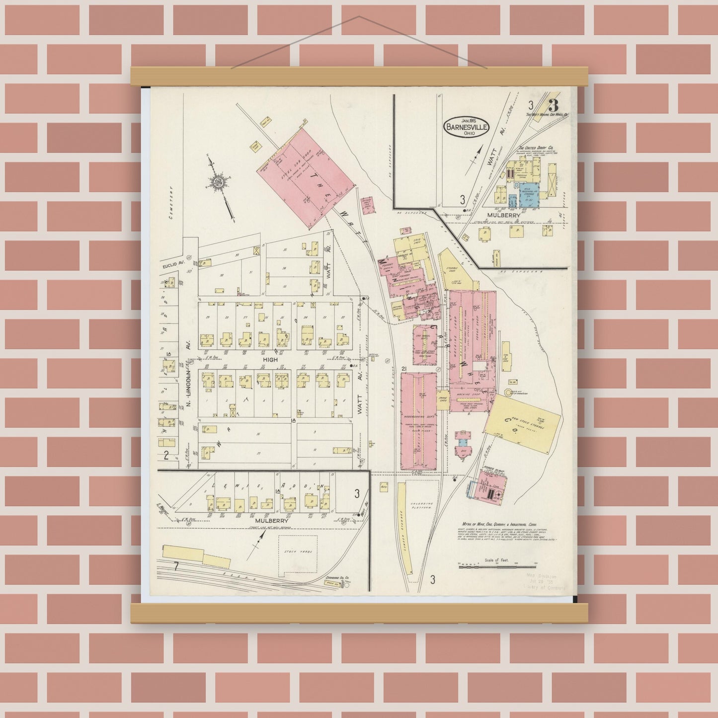 Old map wall art mockup — magnetic wood frame on brick wall — Sanborn Fire Insurance Map from Barnesville, Belmont County, Ohio (1915), Sheet #0003