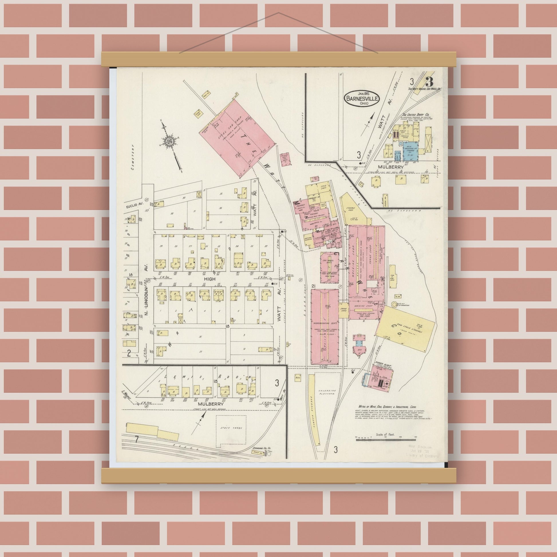 Old map wall art mockup — magnetic wood frame on brick wall — Sanborn Fire Insurance Map from Barnesville, Belmont County, Ohio (1915), Sheet #0003