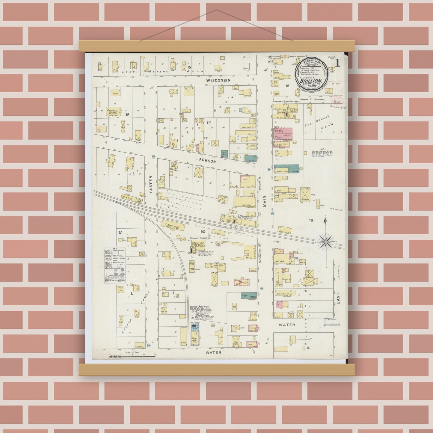 Old map wall art mockup — magnetic wood frame on brick wall — Sanborn Fire Insurance Map from Brillion, Calumet County, Wisconsin (1894) - Complete Map Set