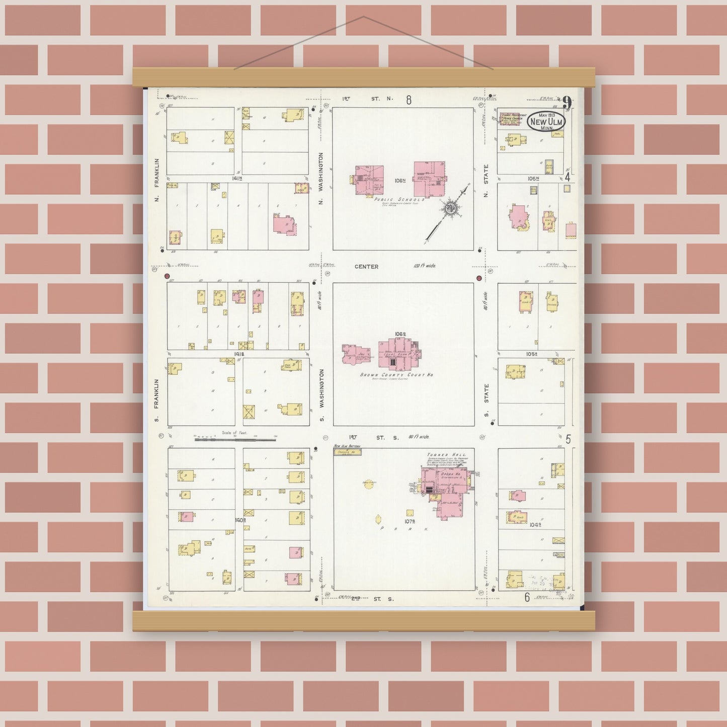 Old map wall art mockup — magnetic wood frame on brick wall — Sanborn Fire Insurance Map from New Ulm, Brown County, Minnesota (1913), Sheet #0009