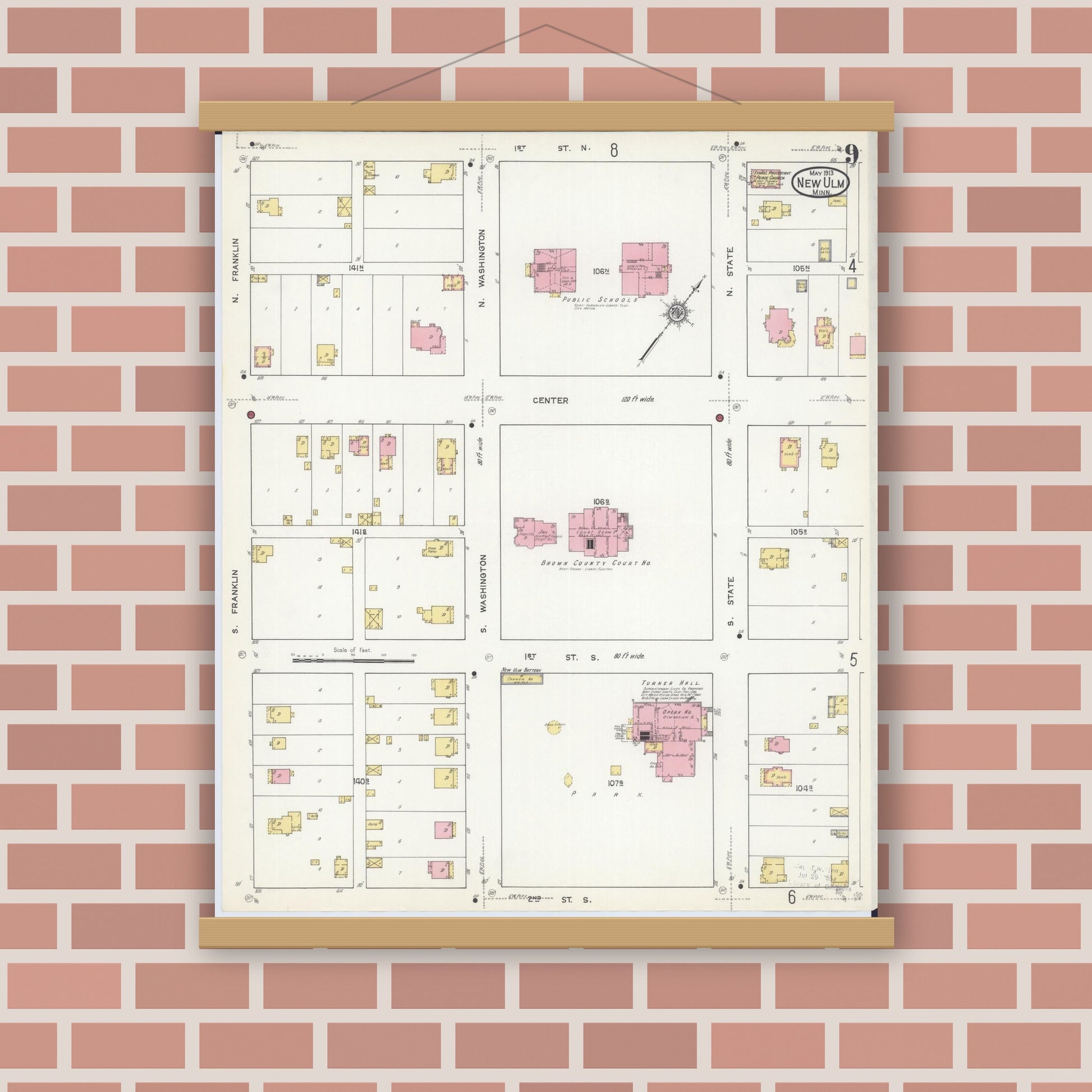 Old map wall art mockup — magnetic wood frame on brick wall — Sanborn Fire Insurance Map from New Ulm, Brown County, Minnesota (1913), Sheet #0009