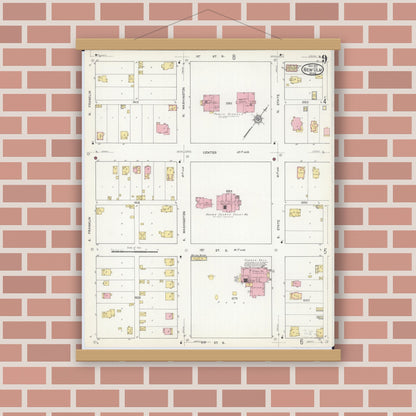 Old map wall art mockup — magnetic wood frame on brick wall — Sanborn Fire Insurance Map from New Ulm, Brown County, Minnesota (1913), Sheet #0009