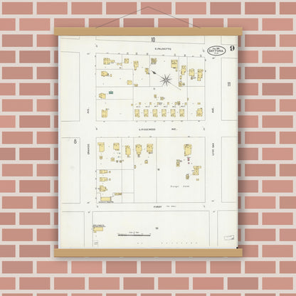 Old map wall art mockup — magnetic wood frame on brick wall — Sanborn Fire Insurance Map from Daytona, Volusia County, Florida (1906), Sheet #0009