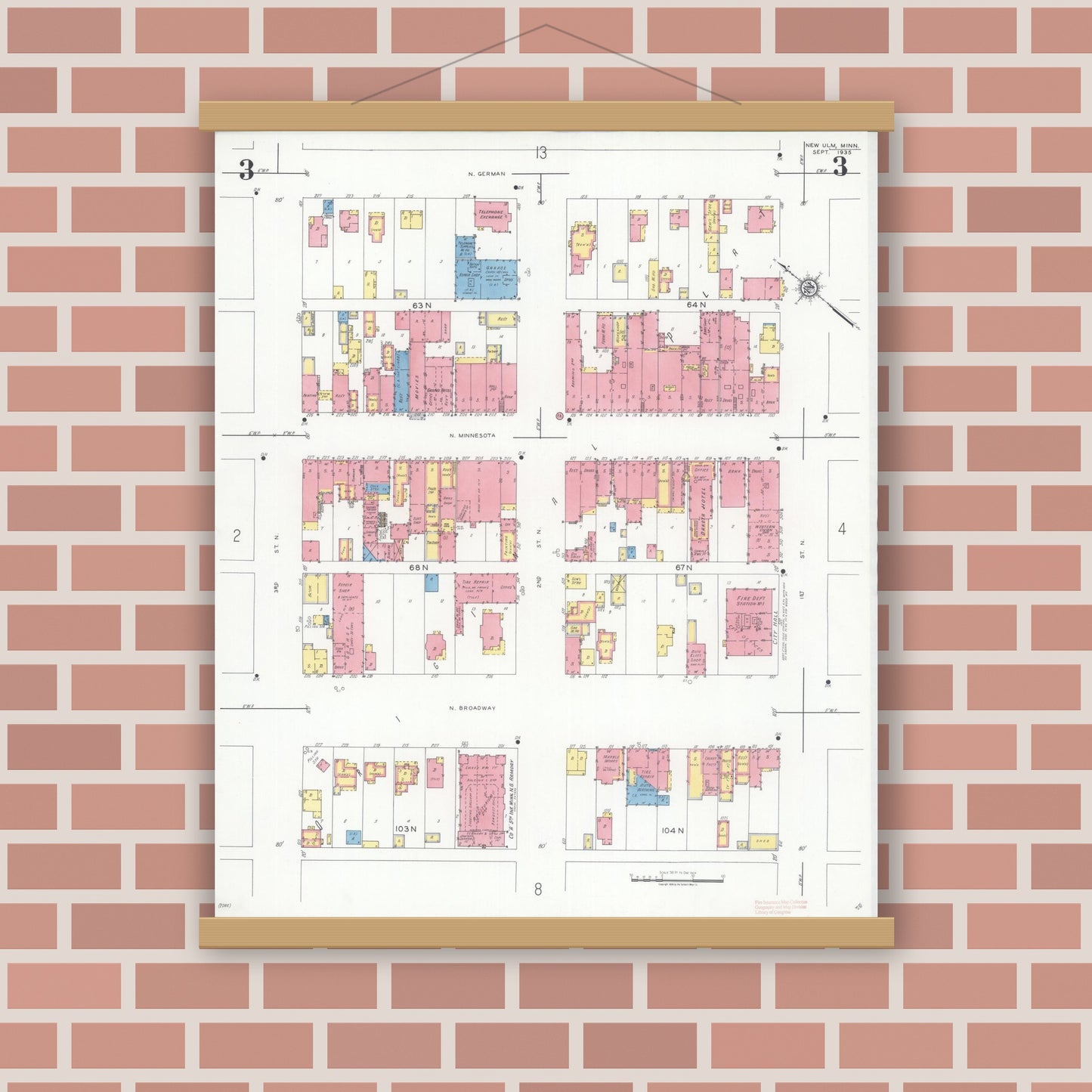 Old map wall art mockup — magnetic wood frame on brick wall — Sanborn Fire Insurance Map from New Ulm, Brown County, Minnesota (1935), Sheet #0003