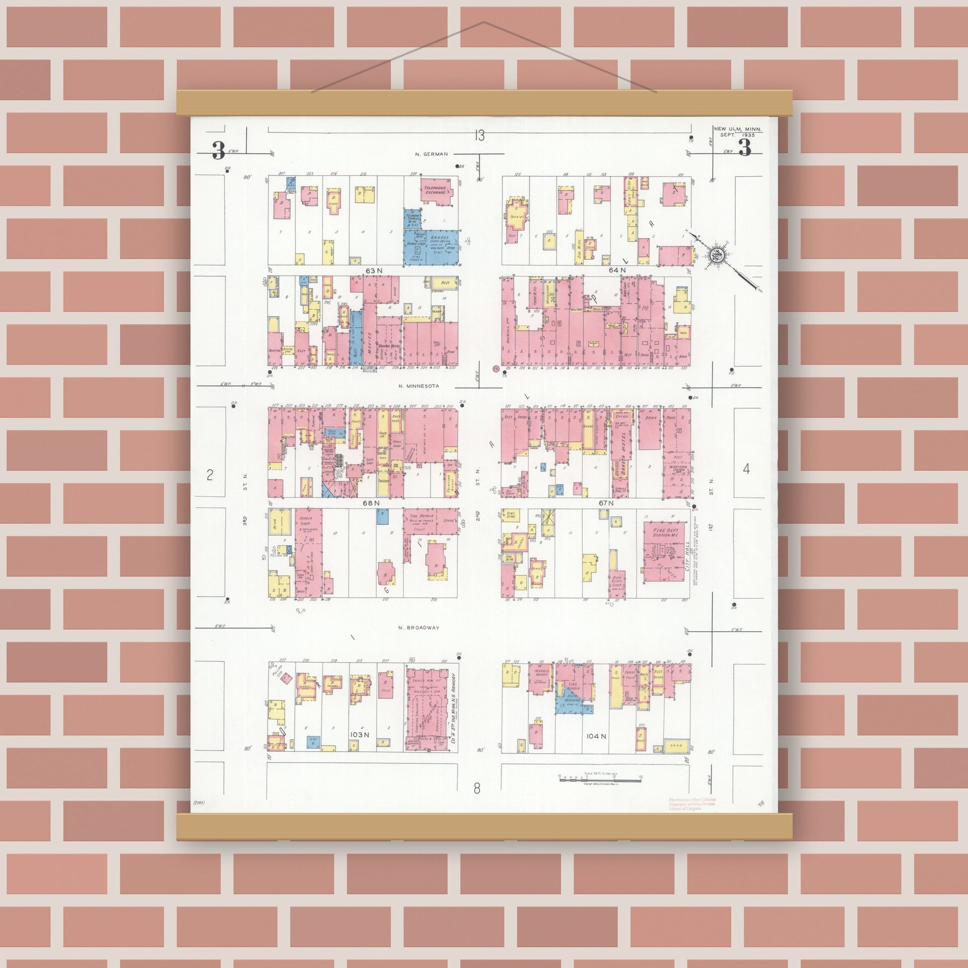 Old map wall art mockup — magnetic wood frame on brick wall — Sanborn Fire Insurance Map from New Ulm, Brown County, Minnesota (1935), Sheet #0003