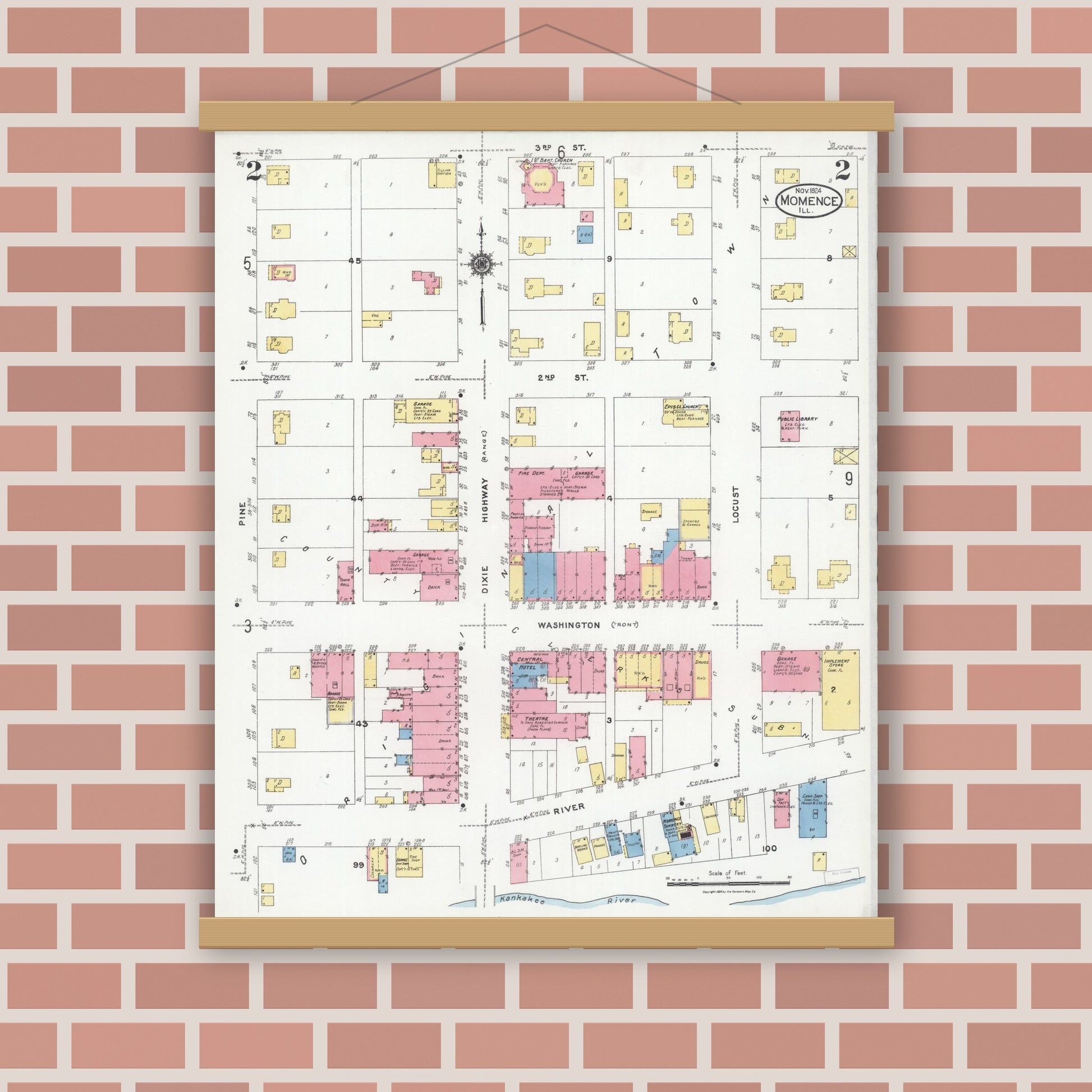 Old map wall art mockup — magnetic wood frame on brick wall — Sanborn Fire Insurance Map from Momence, Kankakee County, Illinois (1924), Sheet #0002