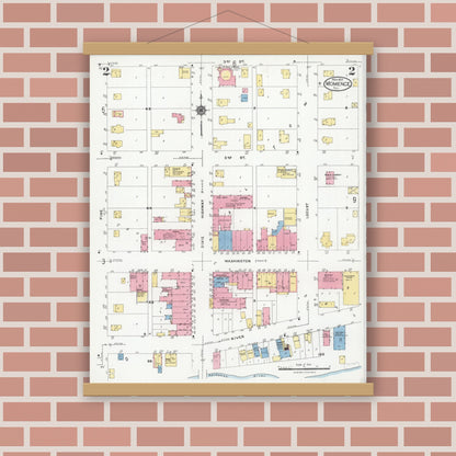 Old map wall art mockup — magnetic wood frame on brick wall — Sanborn Fire Insurance Map from Momence, Kankakee County, Illinois (1924), Sheet #0002