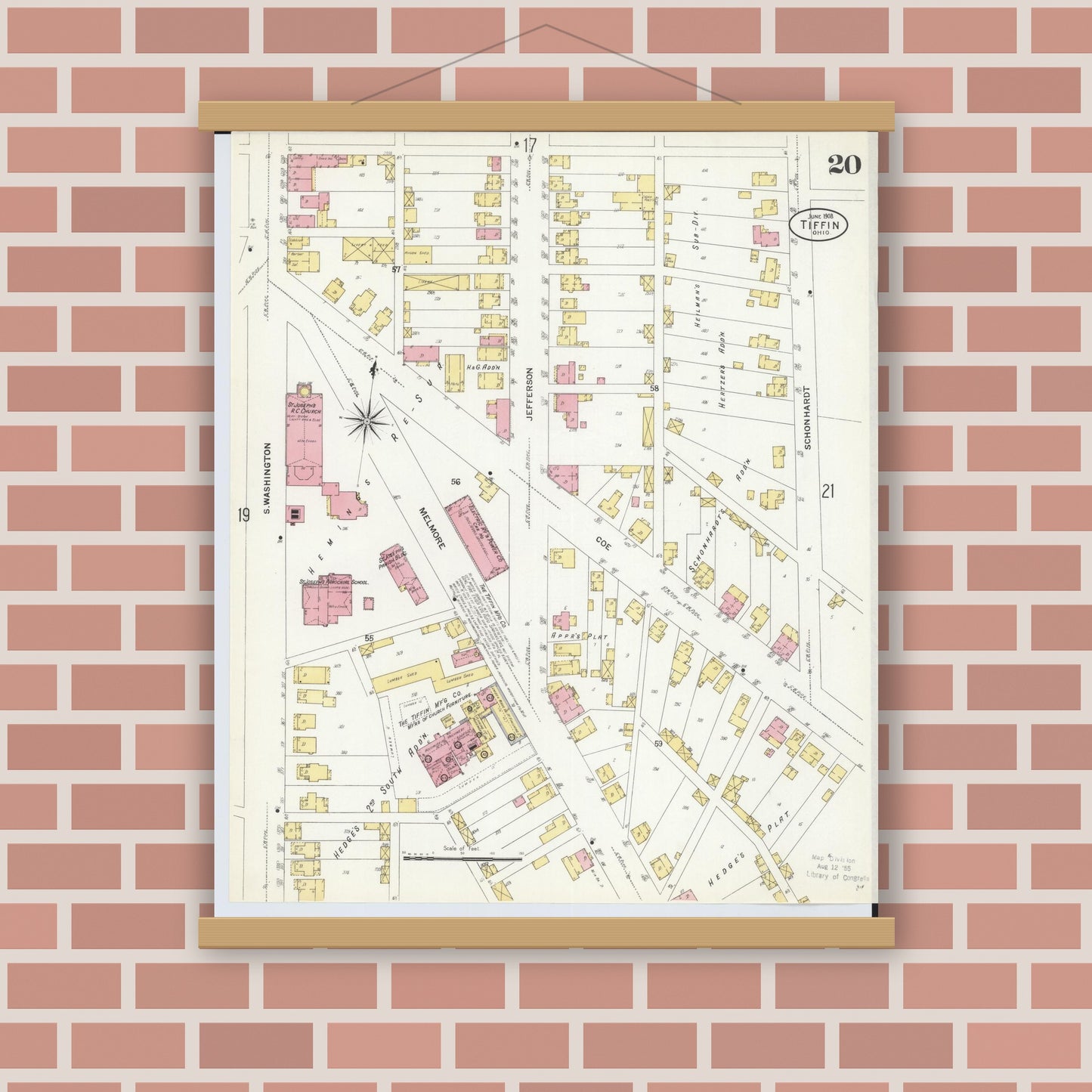Old map wall art mockup — magnetic wood frame on brick wall — Sanborn Fire Insurance Map from Tiffin, Seneca County, Ohio (1908), Sheet #0020
