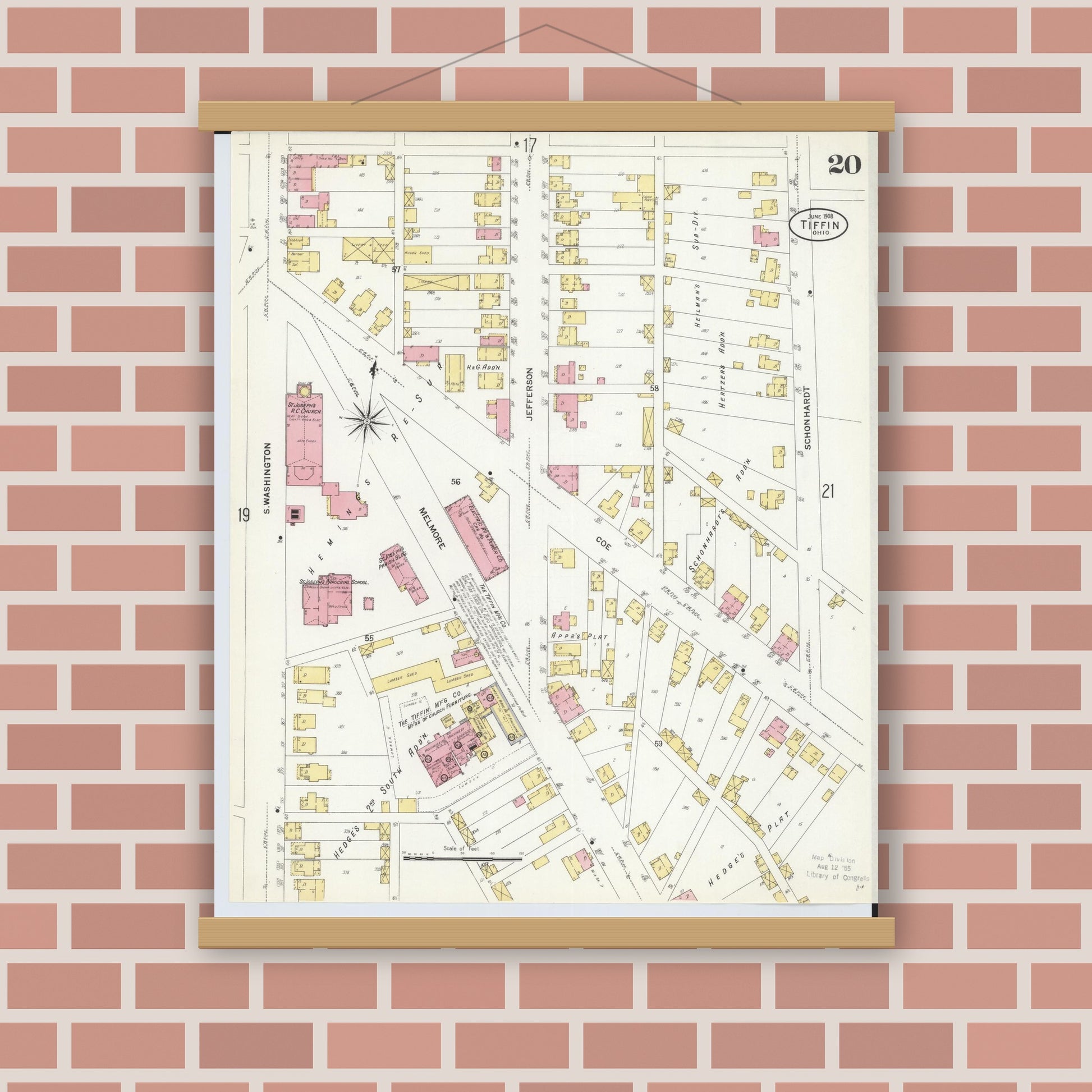 Old map wall art mockup — magnetic wood frame on brick wall — Sanborn Fire Insurance Map from Tiffin, Seneca County, Ohio (1908), Sheet #0020