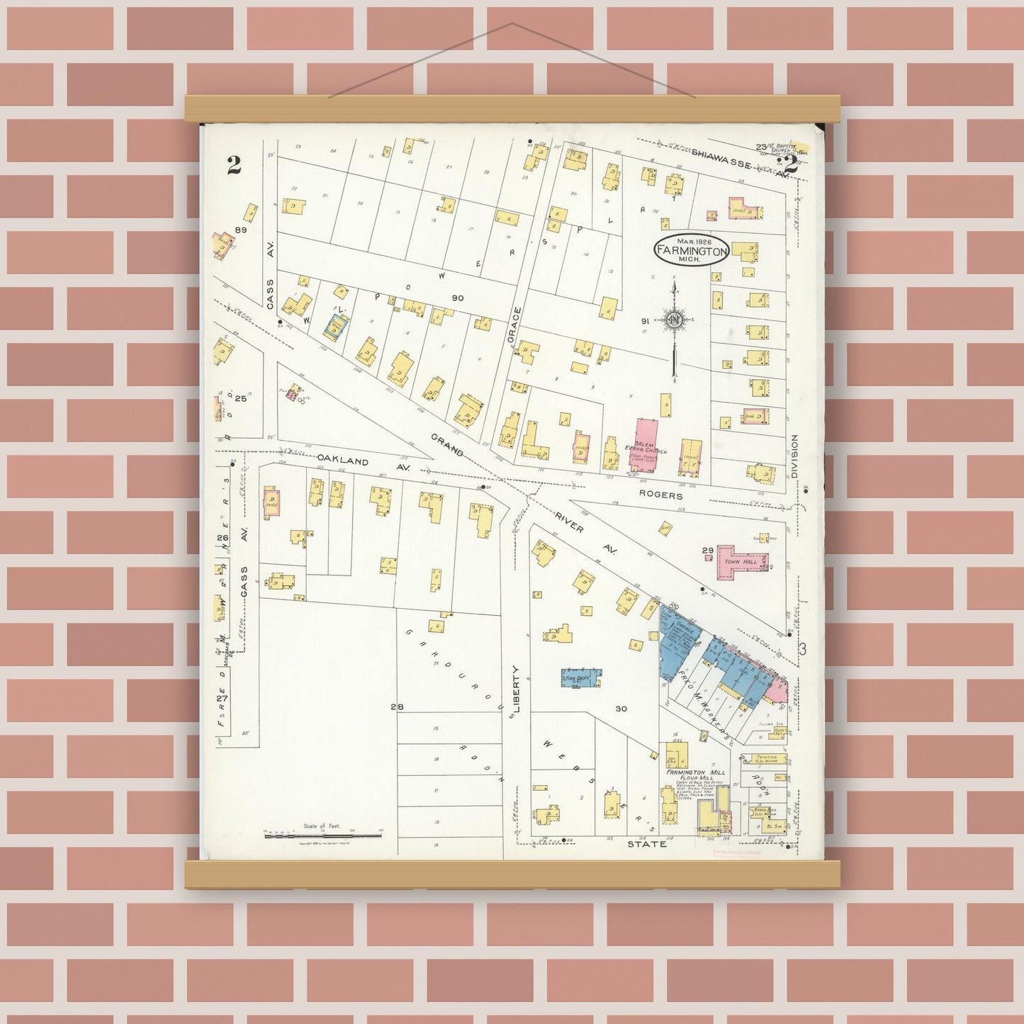Old map wall art mockup — magnetic wood frame on brick wall — Sanborn Fire Insurance Map from Farmington, Oakland County, Michigan (1926), Sheet #0002