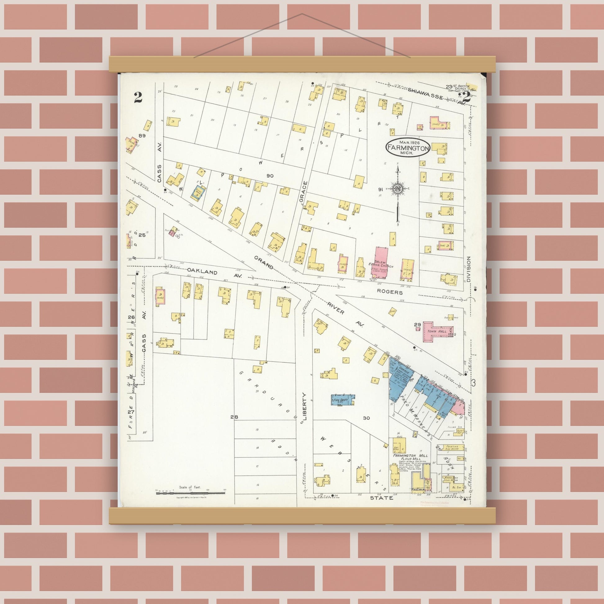 Old map wall art mockup — magnetic wood frame on brick wall — Sanborn Fire Insurance Map from Farmington, Oakland County, Michigan (1926), Sheet #0002