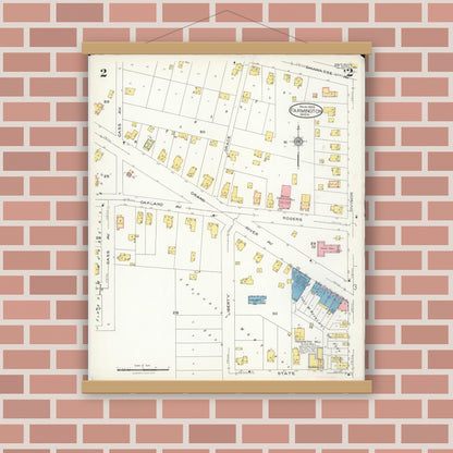 Old map wall art mockup — magnetic wood frame on brick wall — Sanborn Fire Insurance Map from Farmington, Oakland County, Michigan (1926), Sheet #0002