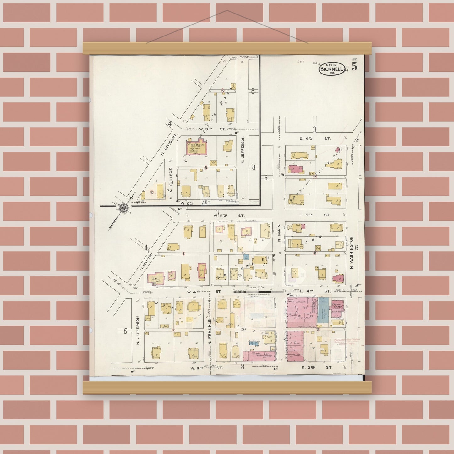 Old map wall art mockup — magnetic wood frame on brick wall — Sanborn Fire Insurance Map from Bicknell, Knox County, Indiana (1946), Sheet #0005