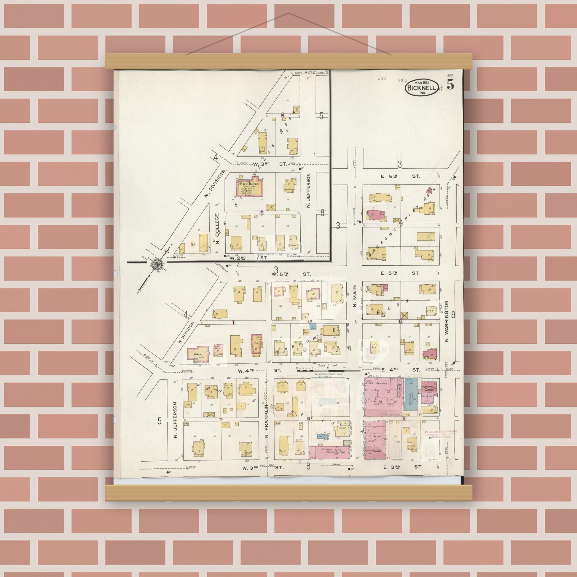 Old map wall art mockup — magnetic wood frame on brick wall — Sanborn Fire Insurance Map from Bicknell, Knox County, Indiana (1946), Sheet #0005