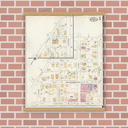 Old map wall art mockup — magnetic wood frame on brick wall — Sanborn Fire Insurance Map from Bicknell, Knox County, Indiana (1946), Sheet #0005