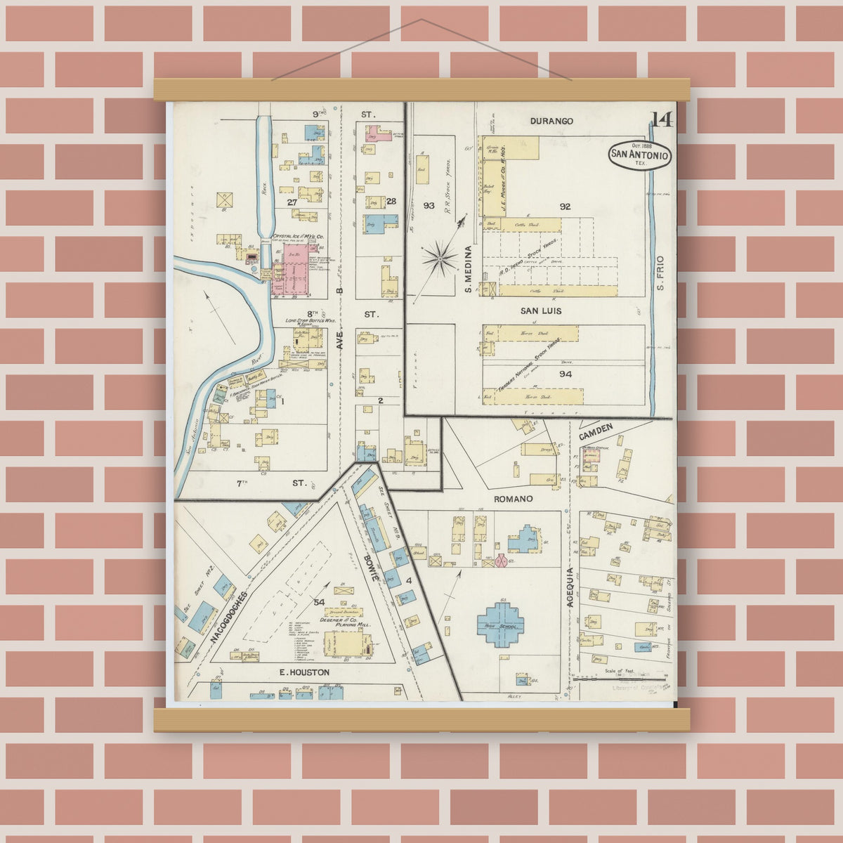 Old map wall art mockup — magnetic wood frame on brick wall — Sanborn Fire Insurance Map from San Antonio, Bexar County, Texas (1888), Sheet #0014
