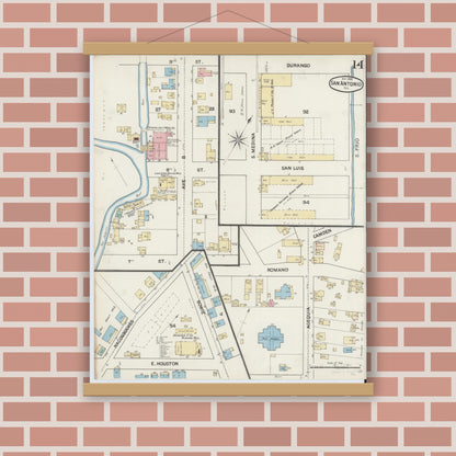 Old map wall art mockup — magnetic wood frame on brick wall — Sanborn Fire Insurance Map from San Antonio, Bexar County, Texas (1888), Sheet #0014