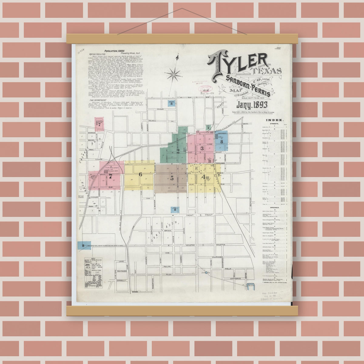 Old map wall art mockup — magnetic wood frame on brick wall — Sanborn Fire Insurance Map from Tyler, Smith County, Texas (1893) - Complete Map Set