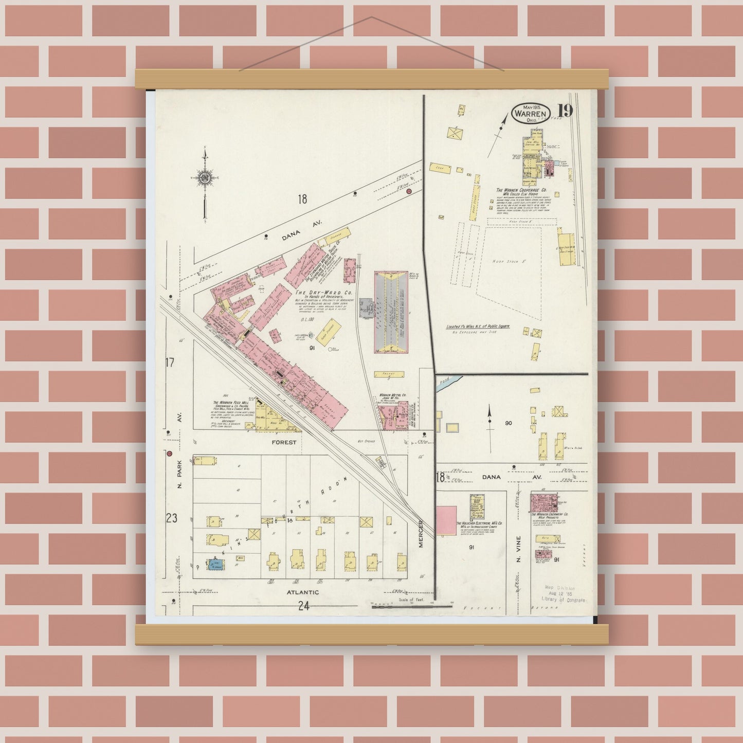 Old map wall art mockup — magnetic wood frame on brick wall — Sanborn Fire Insurance Map from Warren, Trumbull County, Ohio (1915), Sheet #0019