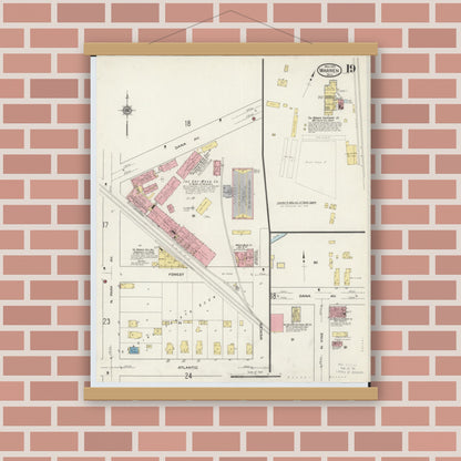 Old map wall art mockup — magnetic wood frame on brick wall — Sanborn Fire Insurance Map from Warren, Trumbull County, Ohio (1915), Sheet #0019