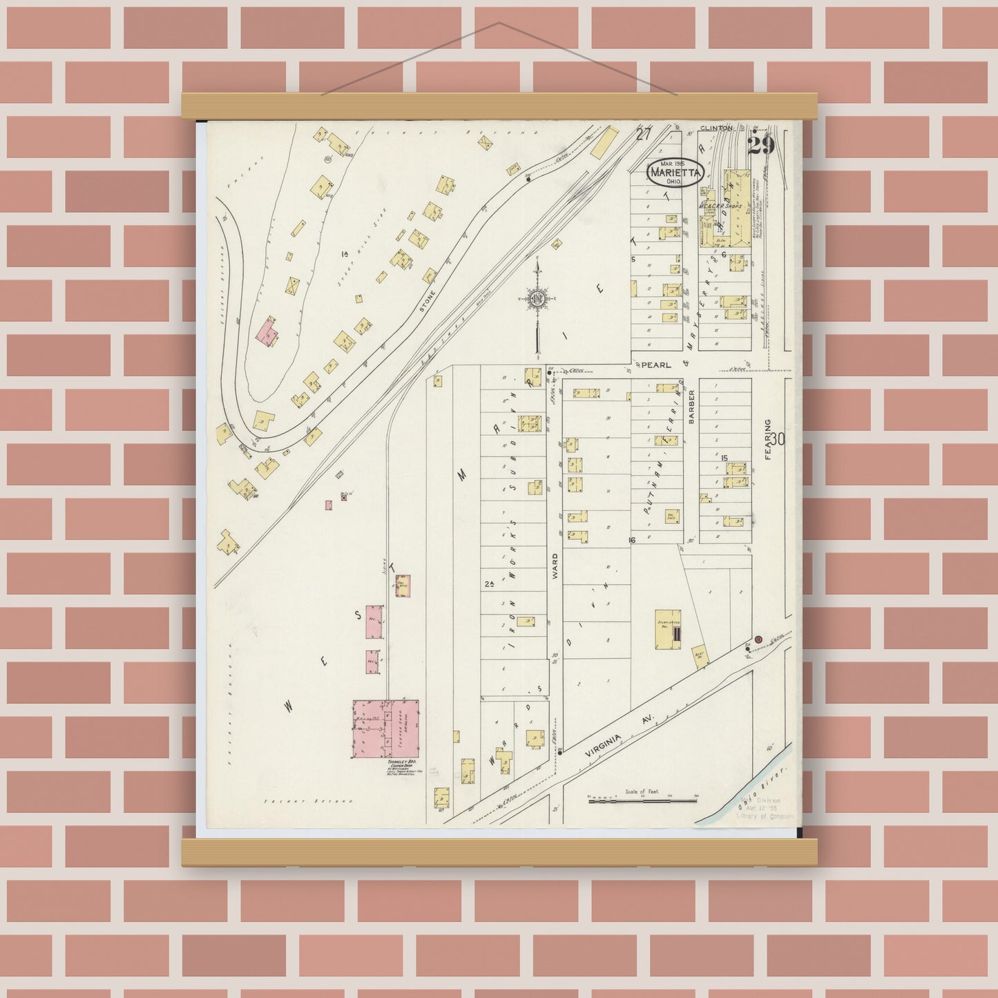 Old map wall art mockup — magnetic wood frame on brick wall — Sanborn Fire Insurance Map from Marietta, Washington County, Ohio (1915), Sheet #0029