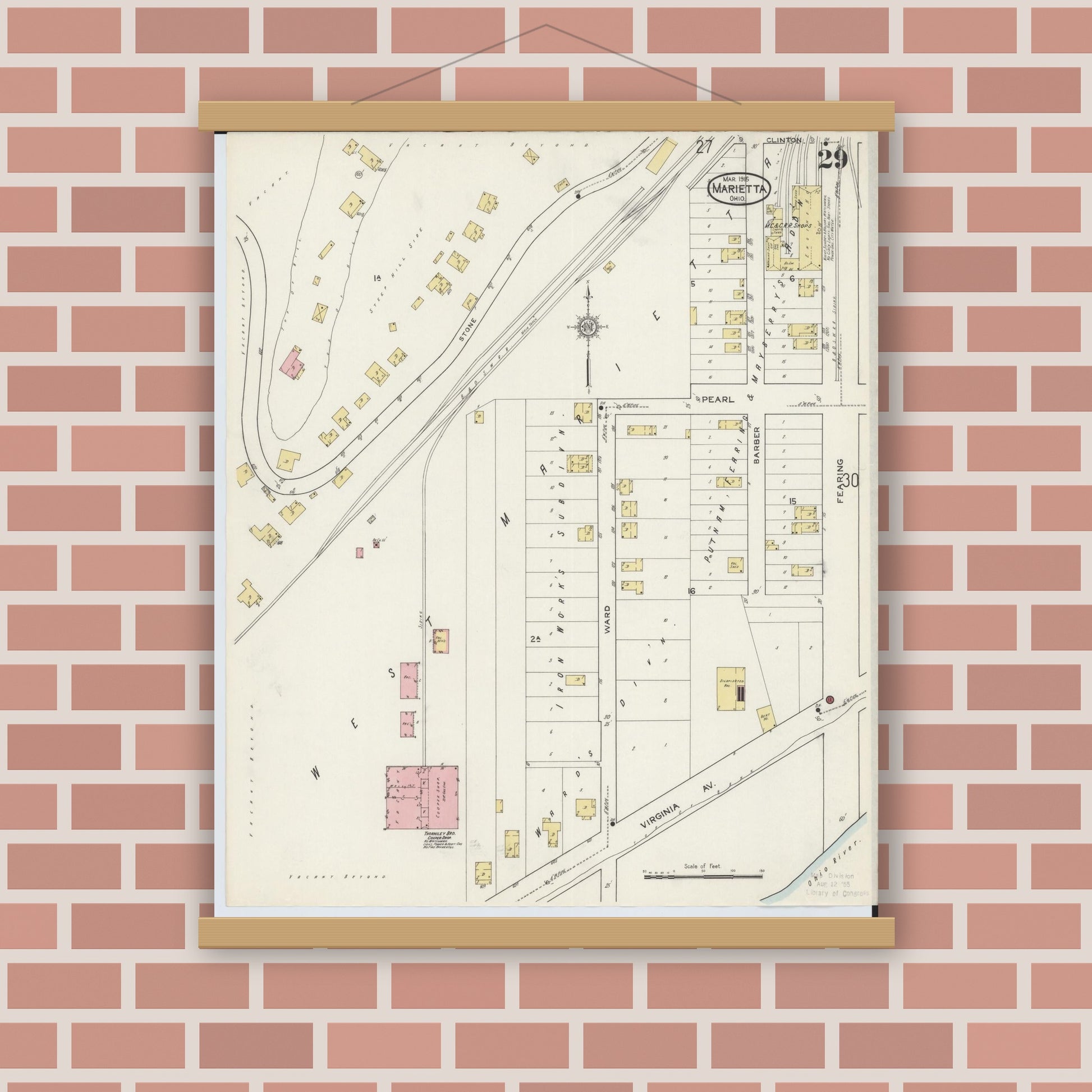 Old map wall art mockup — magnetic wood frame on brick wall — Sanborn Fire Insurance Map from Marietta, Washington County, Ohio (1915), Sheet #0029