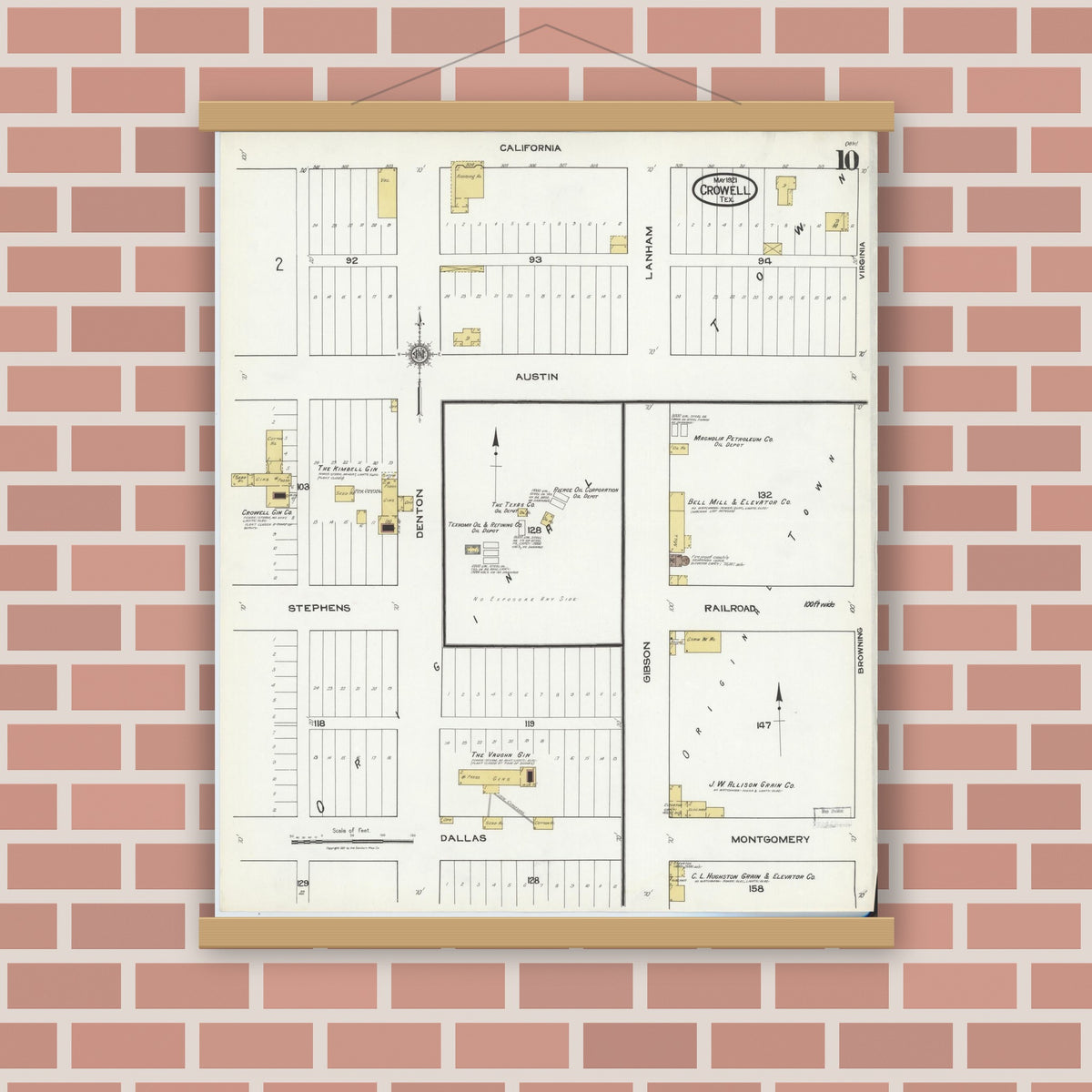 Old map wall art mockup — magnetic wood frame on brick wall — Sanborn Fire Insurance Map from Crowell, Foard County, Texas (1921), Sheet #0010