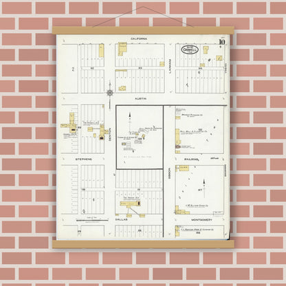 Old map wall art mockup — magnetic wood frame on brick wall — Sanborn Fire Insurance Map from Crowell, Foard County, Texas (1921), Sheet #0010