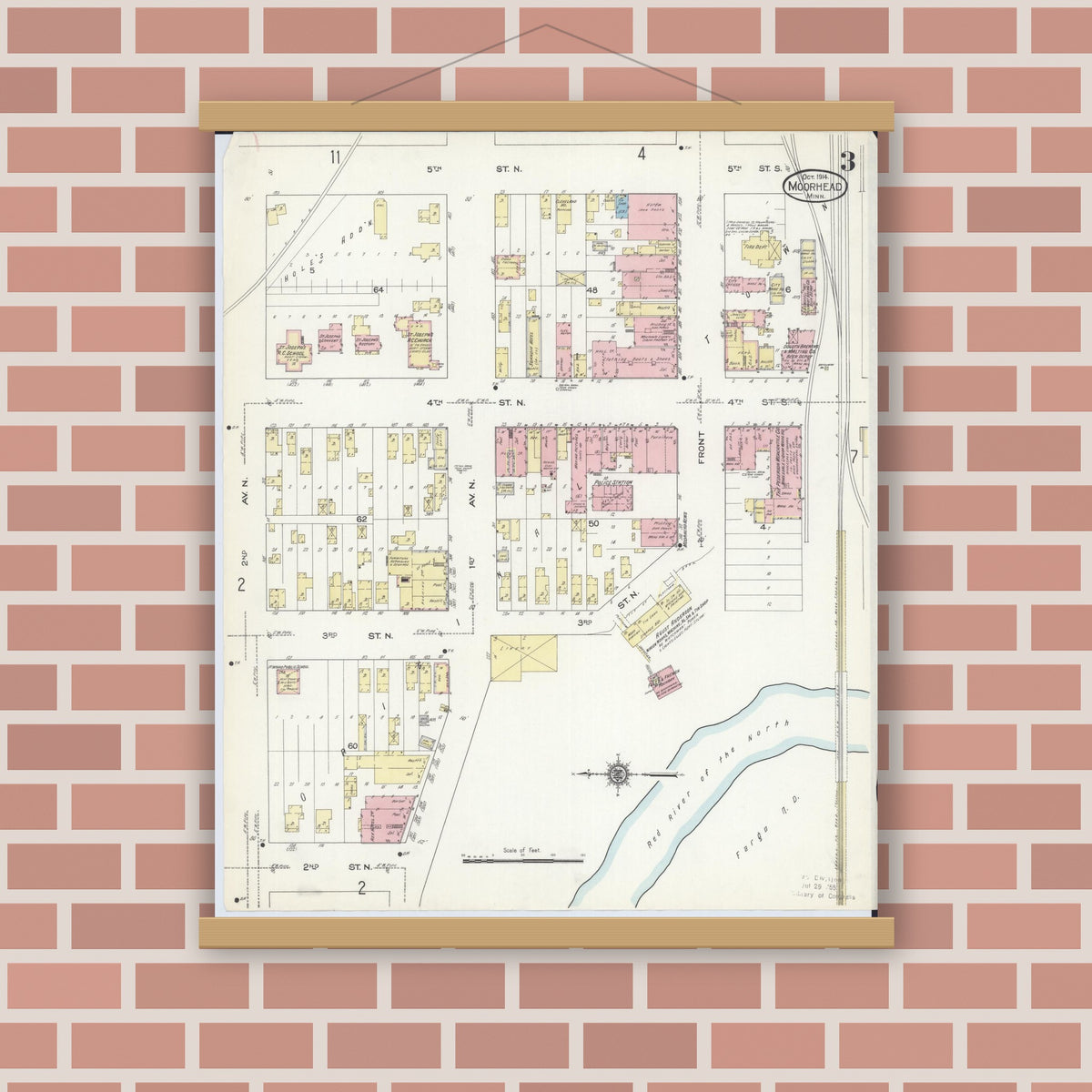 Old map wall art mockup — magnetic wood frame on brick wall — Sanborn Fire Insurance Map from Moorhead, Clay County, Minnesota (1914), Sheet #0003