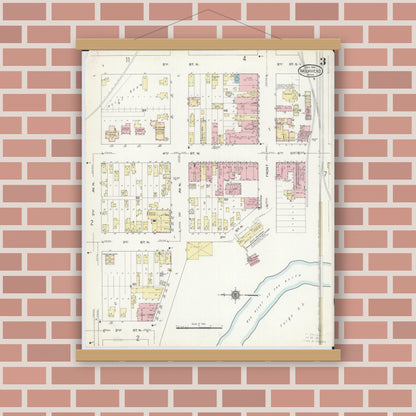 Old map wall art mockup — magnetic wood frame on brick wall — Sanborn Fire Insurance Map from Moorhead, Clay County, Minnesota (1914), Sheet #0003
