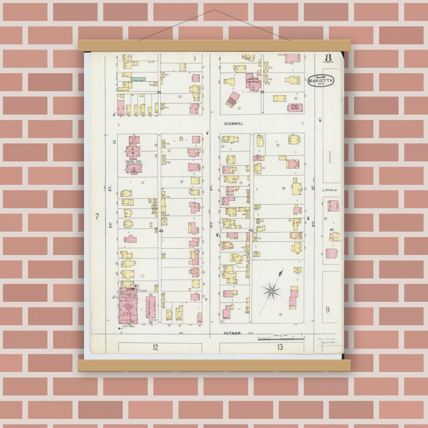 Old map wall art mockup — magnetic wood frame on brick wall — Sanborn Fire Insurance Map from Marietta, Washington County, Ohio (1896), Sheet #0008