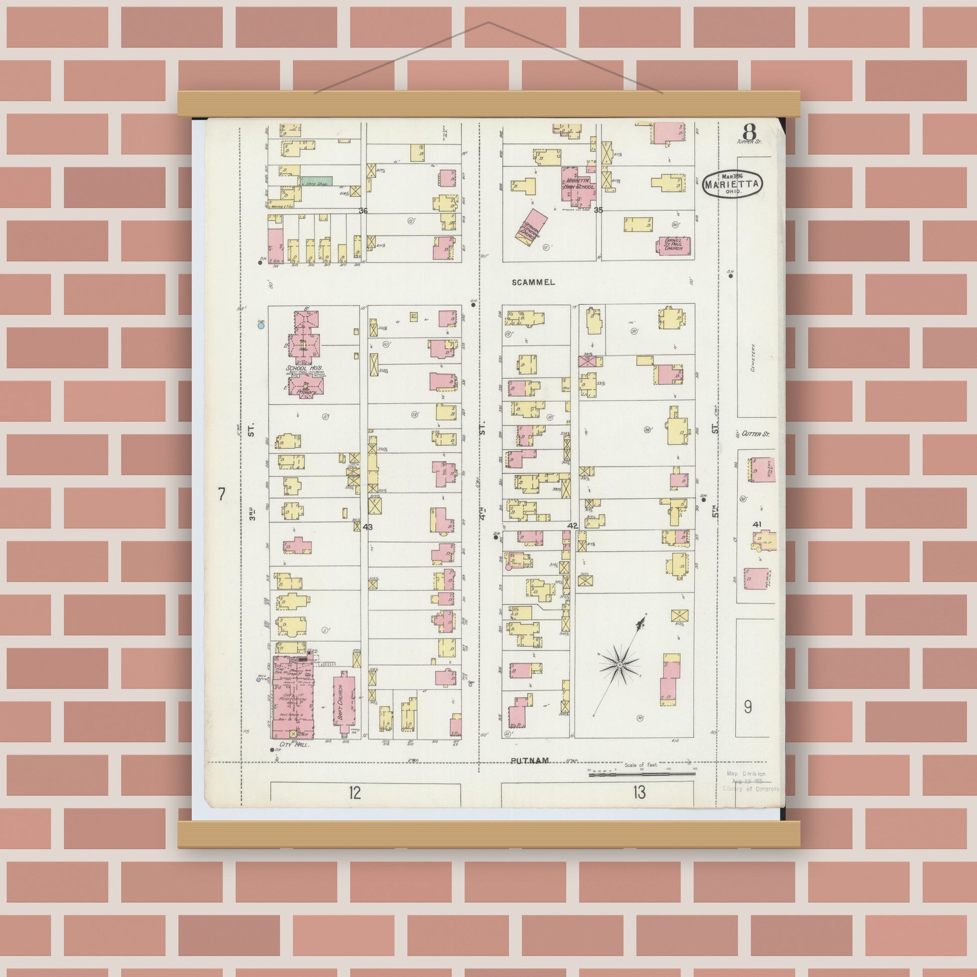 Old map wall art mockup — magnetic wood frame on brick wall — Sanborn Fire Insurance Map from Marietta, Washington County, Ohio (1896), Sheet #0008