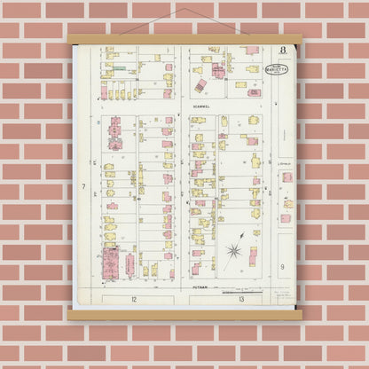 Old map wall art mockup — magnetic wood frame on brick wall — Sanborn Fire Insurance Map from Marietta, Washington County, Ohio (1896), Sheet #0008