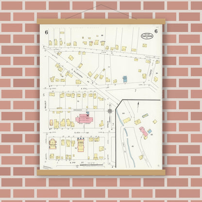 Old map wall art mockup — magnetic wood frame on brick wall — Sanborn Fire Insurance Map from Emporium, Cameron County, Pennsylvania (1925), Sheet #0006