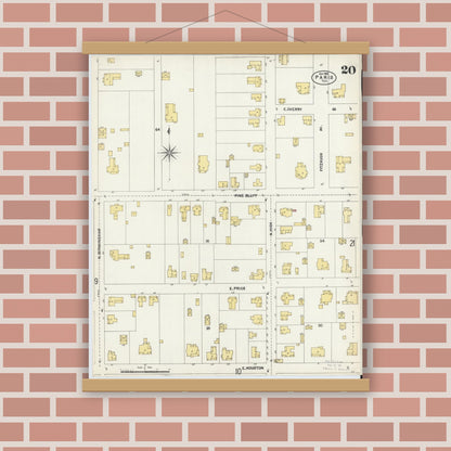 Old map wall art mockup — magnetic wood frame on brick wall — Sanborn Fire Insurance Map from Paris, Lamar County, Texas (1902), Sheet #0020
