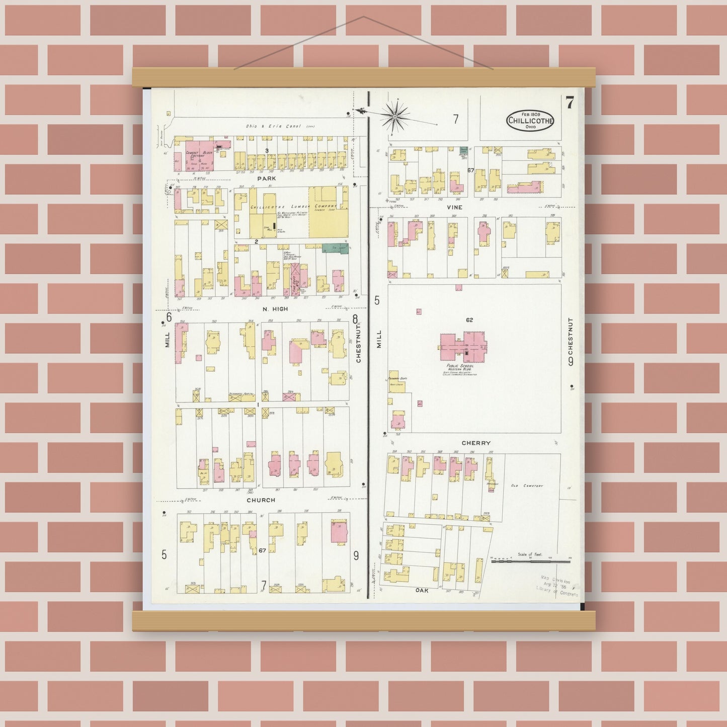 Old map wall art mockup — magnetic wood frame on brick wall — Sanborn Fire Insurance Map from Chillicothe, Ross County, Ohio (1909), Sheet #0007