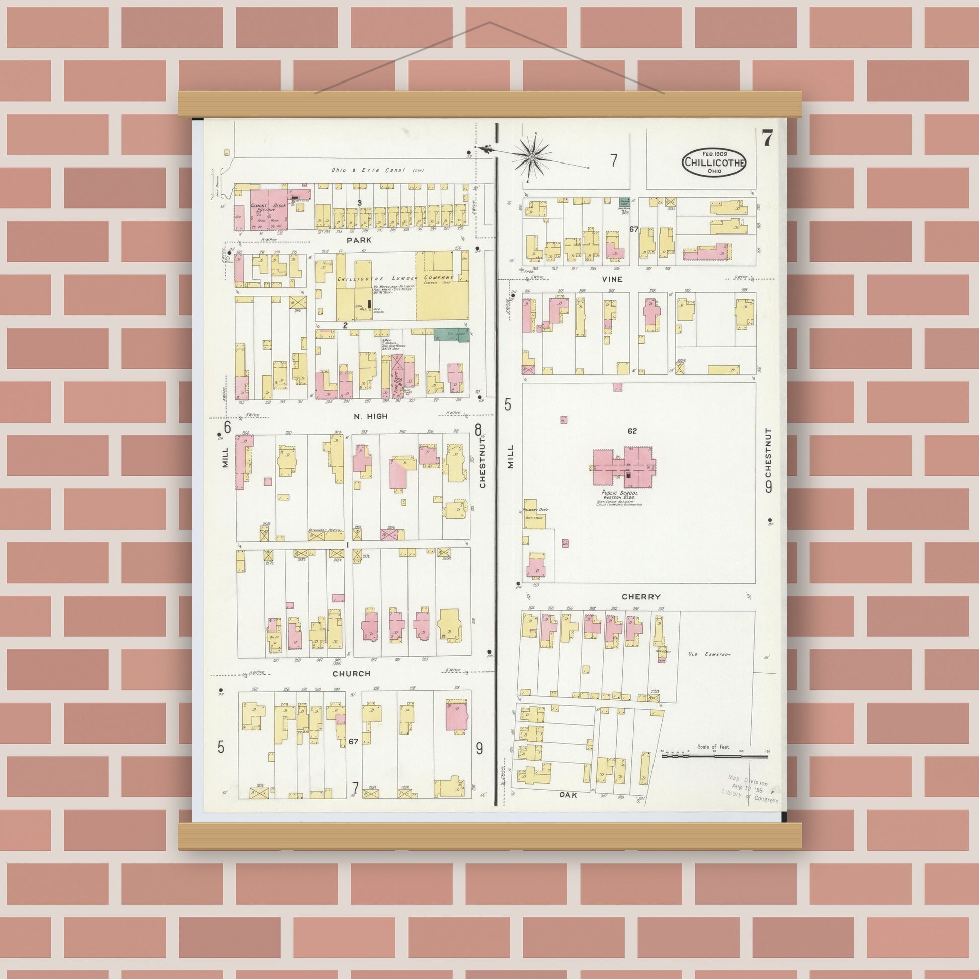 Old map wall art mockup — magnetic wood frame on brick wall — Sanborn Fire Insurance Map from Chillicothe, Ross County, Ohio (1909), Sheet #0007