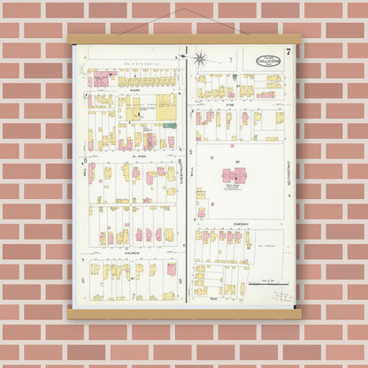 Old map wall art mockup — magnetic wood frame on brick wall — Sanborn Fire Insurance Map from Chillicothe, Ross County, Ohio (1909), Sheet #0007